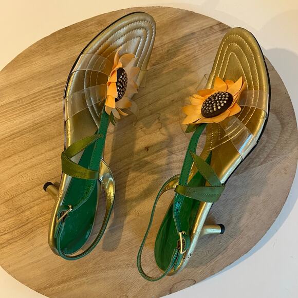 Green Yellow Sunflower Embellished Open Toe Kitten Heel Ankle Strap Size 9.5 - Picture 6 of 13